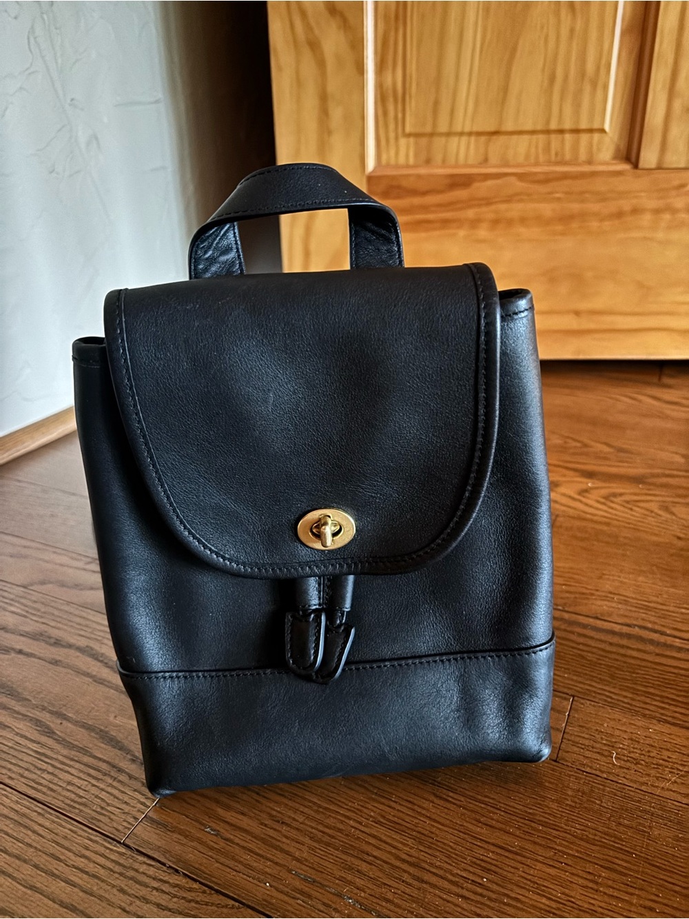 Coach y2k vintage Black Leather Mini Backpack Daypack with Gold Turn-Lock